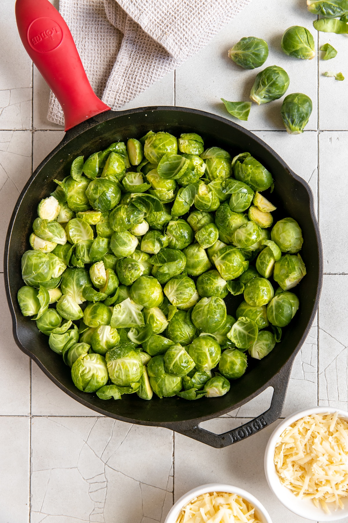 brussels sprouts in a black cast iron skillet. 