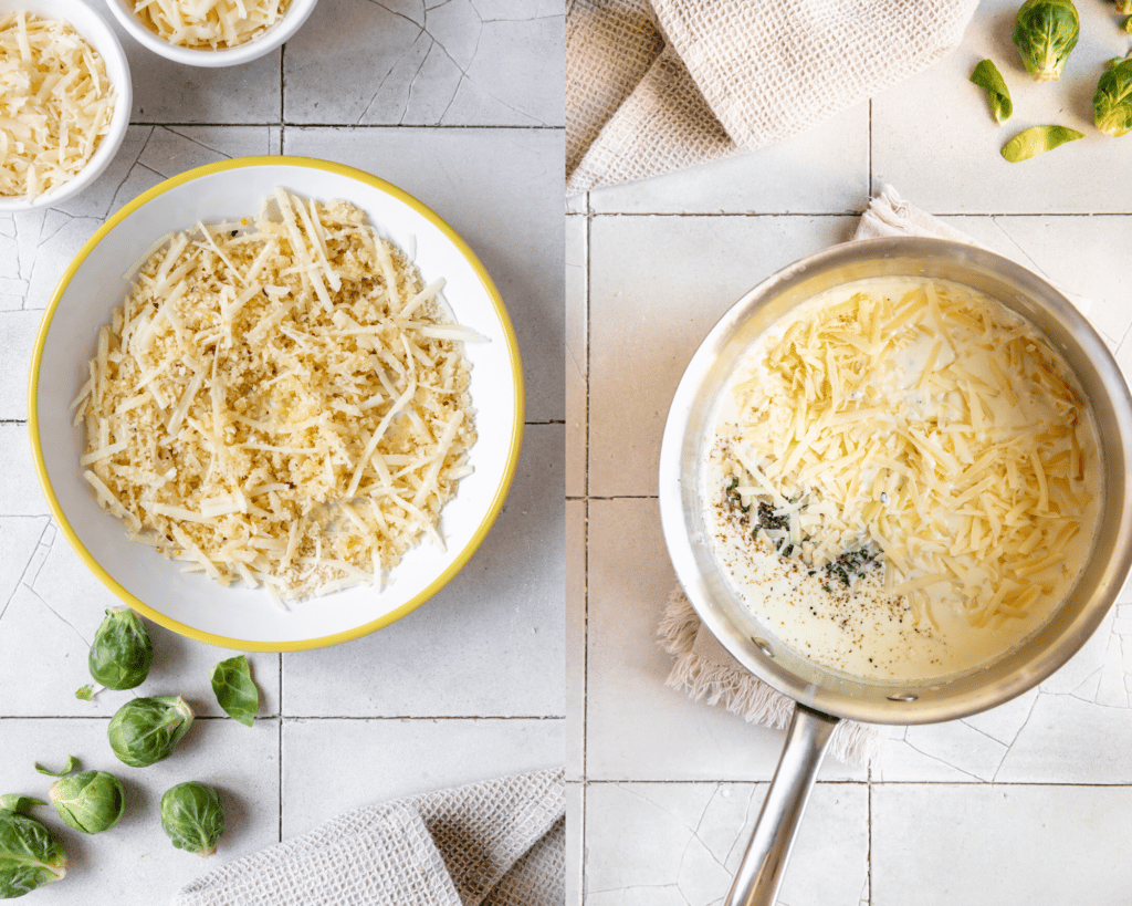 cheese sauce in a sauce pan and panko cheese topping in a white and yellow bowl. 