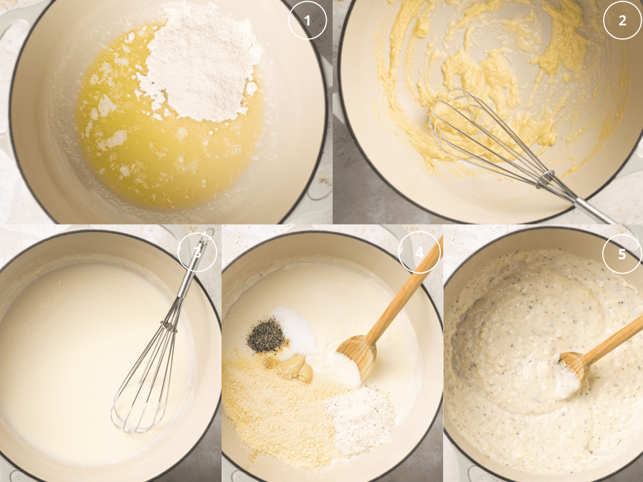 a white sauce being made in a dutch oven. 
