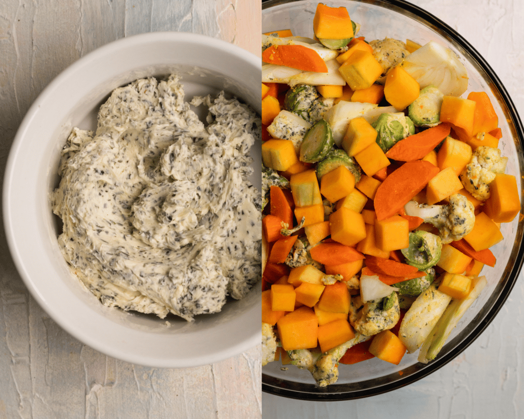 herb butter in a white bowl and a veggie medley in a glass bowl. 