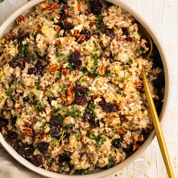 bowl of rice with veggies & herbs