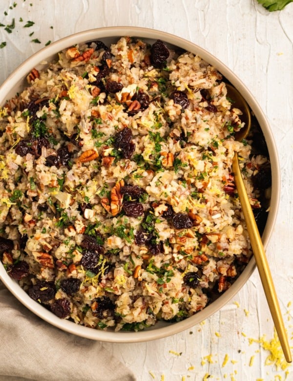 bowl of rice with veggies & herbs