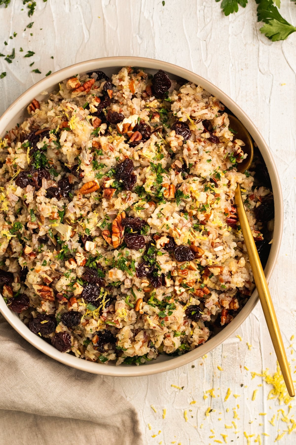 bowl of rice with veggies & herbs