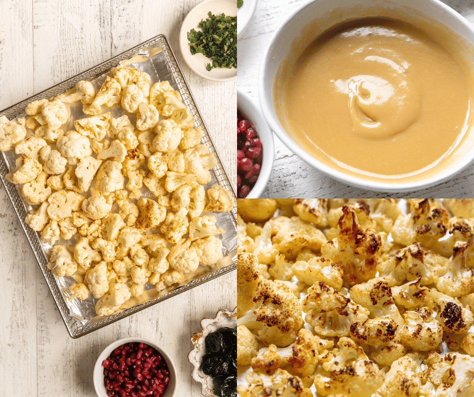 cauliflower in an air fryer basket. 