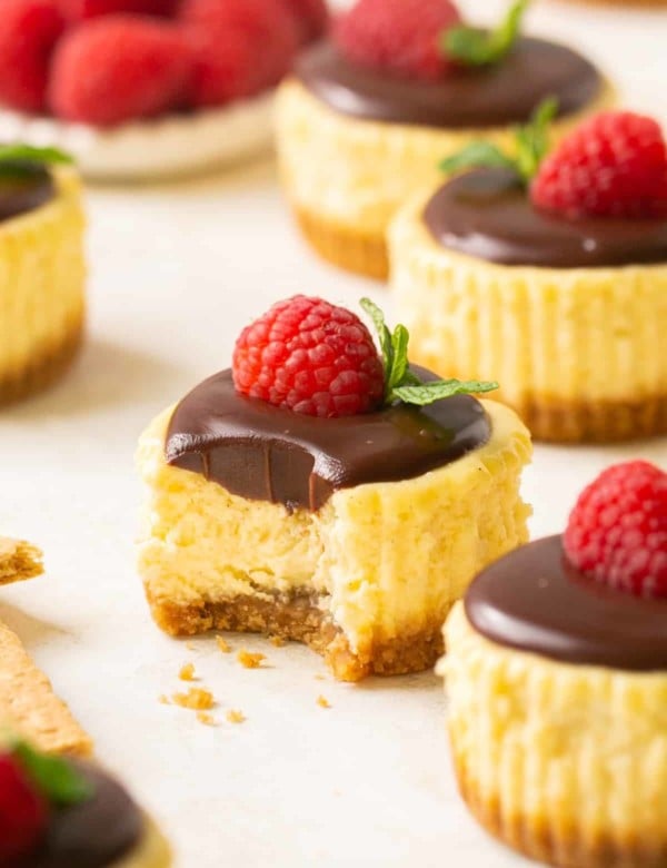 mini cheesecake bites with chocolate topping and raspberry.