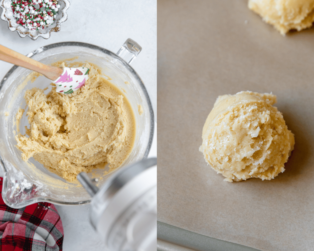 cookie dough in a glass bowl. 