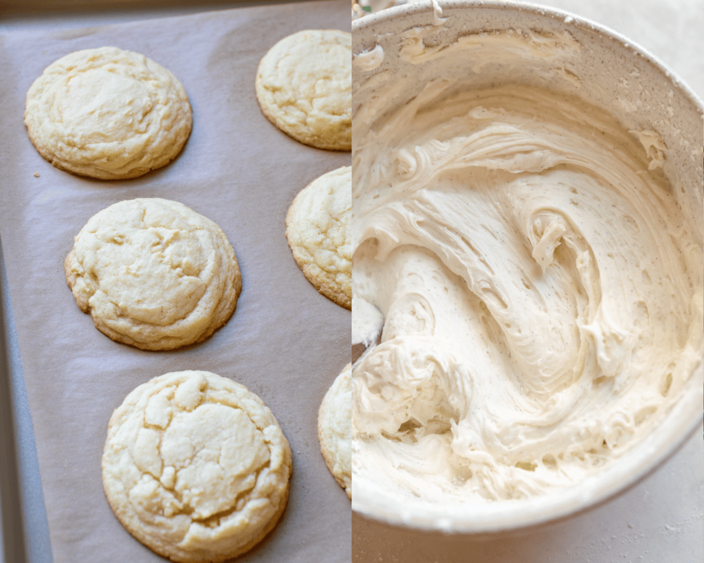 cookies on a baking sheet and frosting in a bowl. 