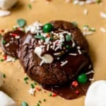chocolate cookie with red green and white sprinkles.