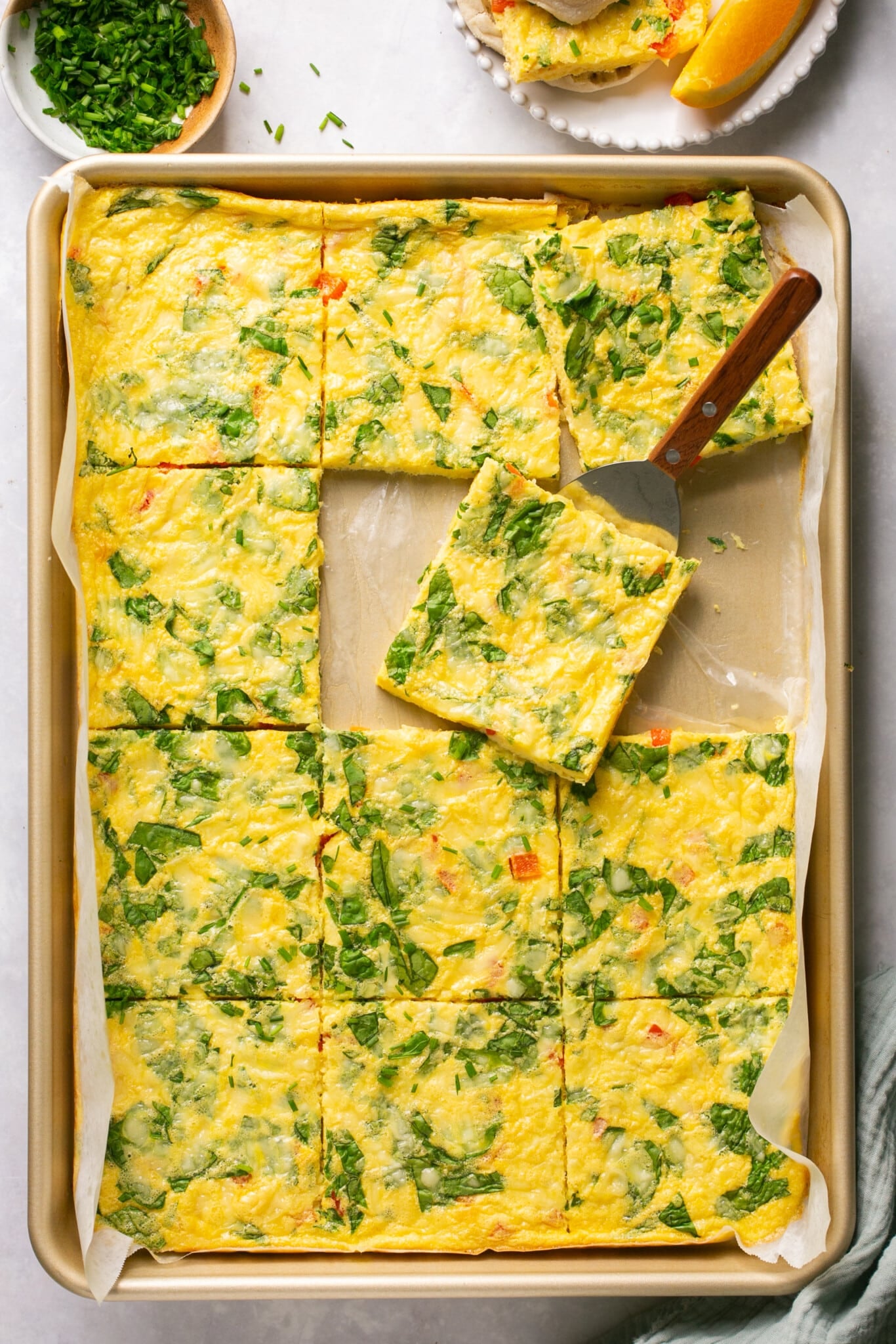 sheet pan with cooked eggs sliced into squares