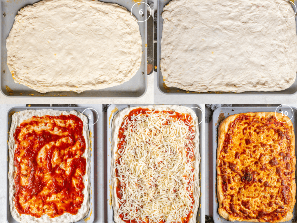 step by step photos of making a pizza on a sheet pan. 