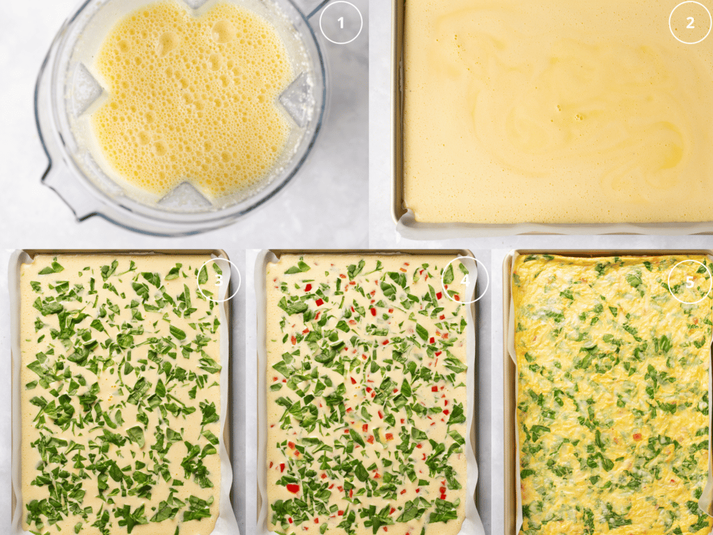 step by step directions making eggs on a sheet pan with spinach and bell peppers. 
