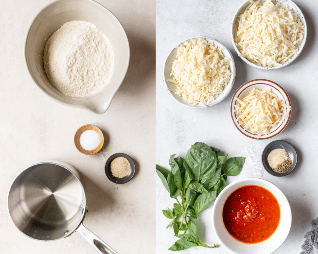 ingredients in small bowls needed to make homemade pizza. 