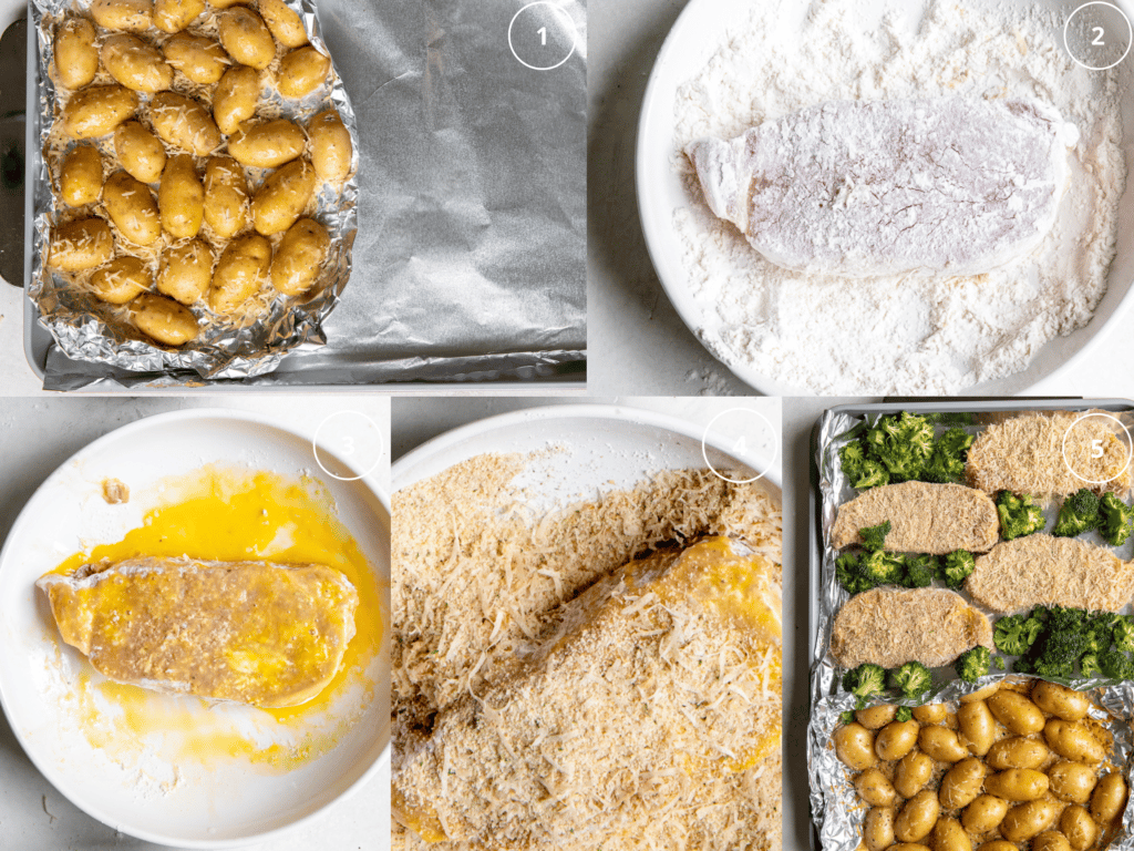 step by step photos pork chops dredged in flour, egg and breadcrumbs. 