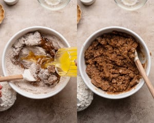 Melted butter being poured into the dry crumb mixture in a bowl; next frame shows the mixture stirred into a thick, wet paste.