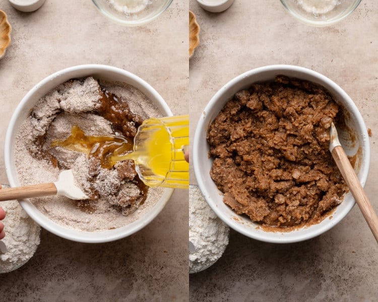 Melted butter being poured into the dry crumb mixture in a bowl; next frame shows the mixture stirred into a thick, wet paste.