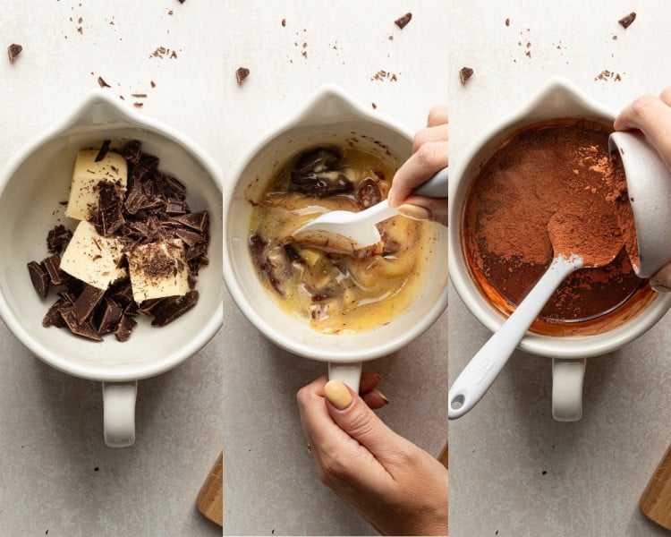 A three-panel image showing the chocolate mixture preparation process. Left: chopped chocolate and cubes of butter in a white mixing bowl. Middle: a hand stirring the melting mixture with a white spatula. Right: cocoa powder being added to the melted chocolate and butter mixture.