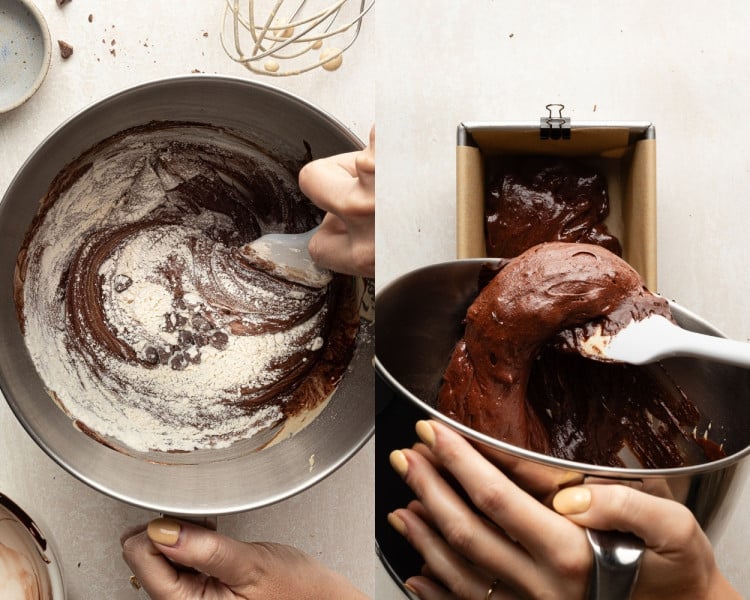 Two-panel image of brownie batter preparation. Left: flour and chocolate chips being folded into dark brownie batter in a mixing bowl. Right: thick, glossy brownie batter being transferred into a parchment-lined loaf pan with a spatula.