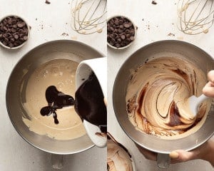 Two side-by-side images: On the left, melted chocolate mixture being poured into the whipped egg and sugar mixture. On the right, the batter being gently folded together with a spatula.