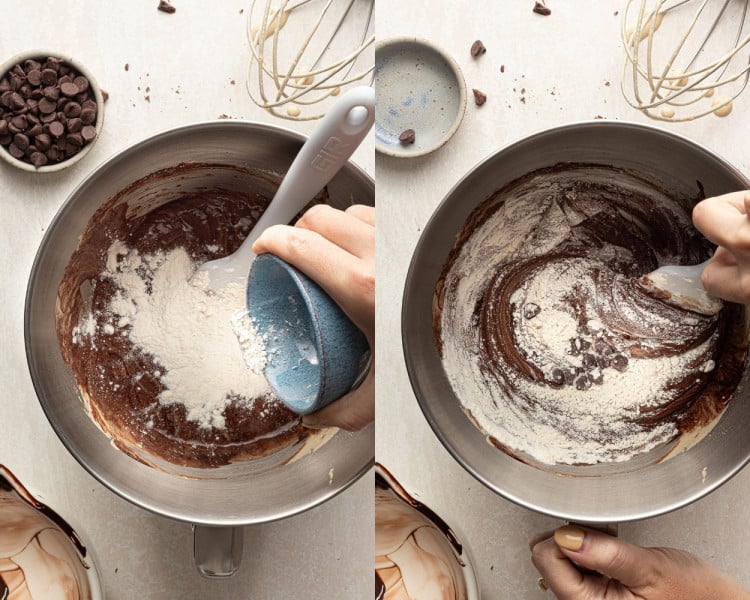 Two side-by-side images: On the left, flour being added to the chocolate batter. On the right, the mixture being folded together with chocolate chips visibly incorporated.