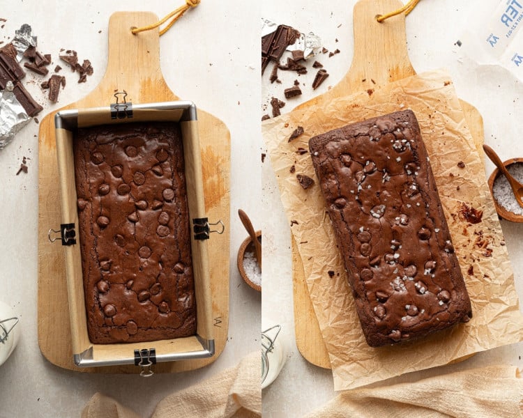 Two side-by-side images: On the left, freshly baked brownies still in the lined loaf pan with chocolate chips on top. On the right, the loaf of brownies removed from the pan and placed on crinkled parchment paper on a wooden board.