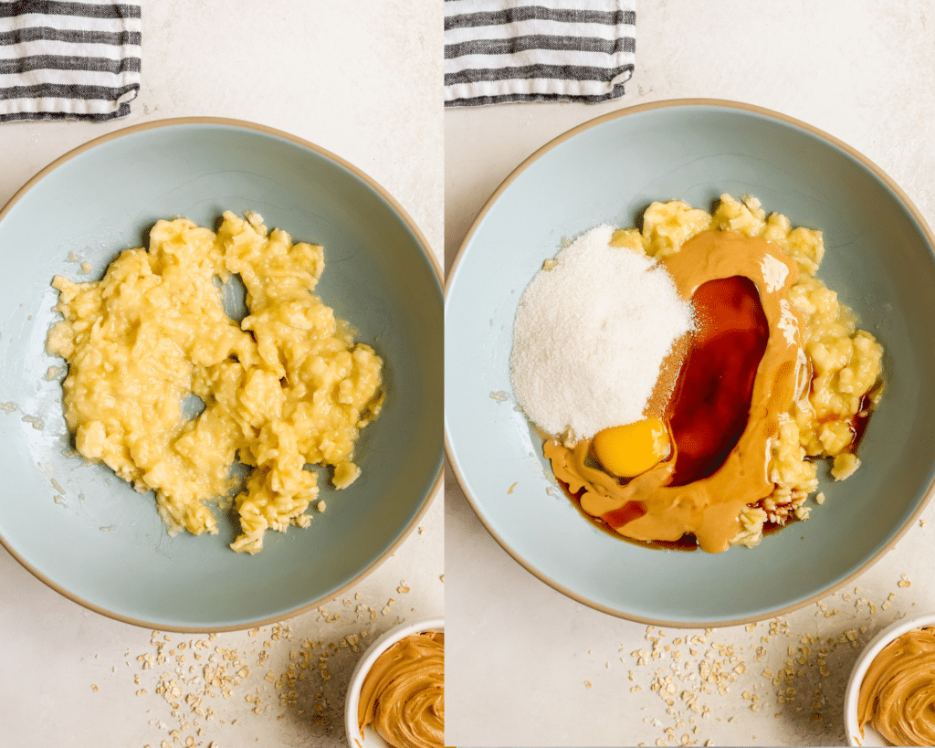 mashed bananas in a blue bowl.