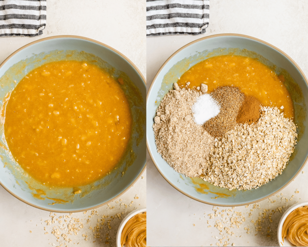 dry ingredients being folded into wet ingredients in a large blue bowl.