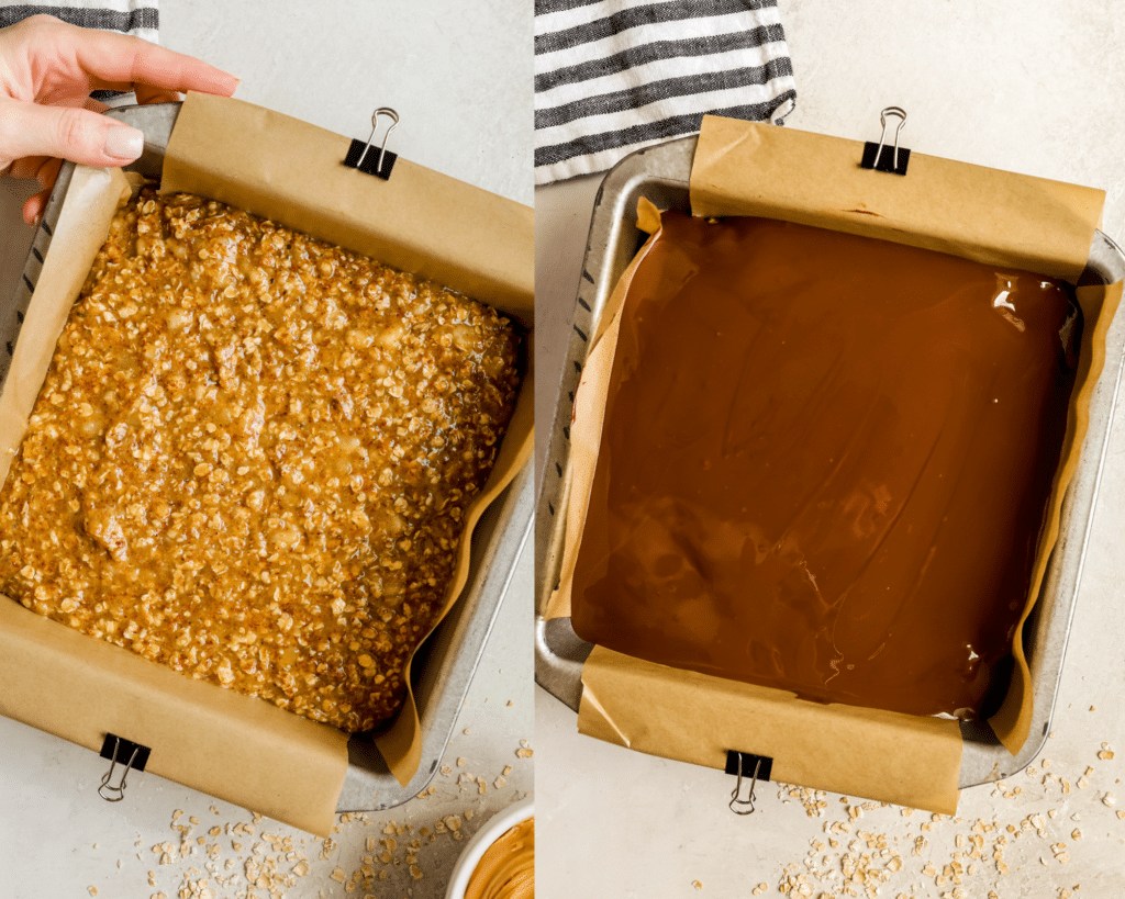 an oatmeal mixture in an 8x8 pan with chocolate on top. 