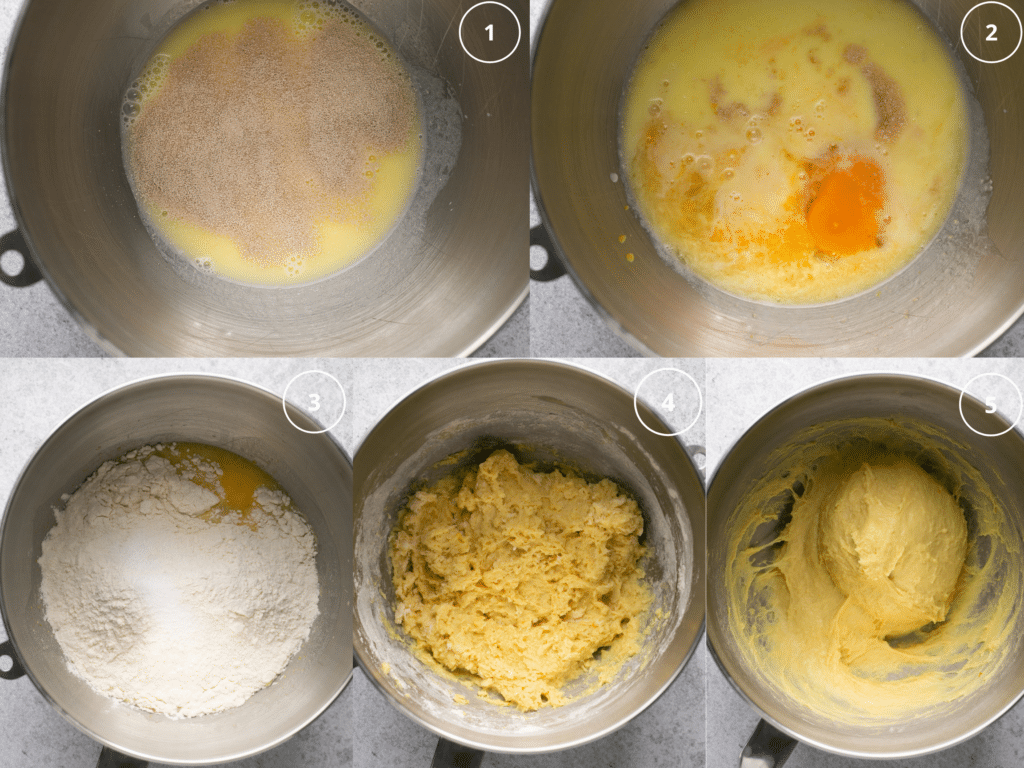 yeast, eggs, milk and flour in a stand mixer bowl.