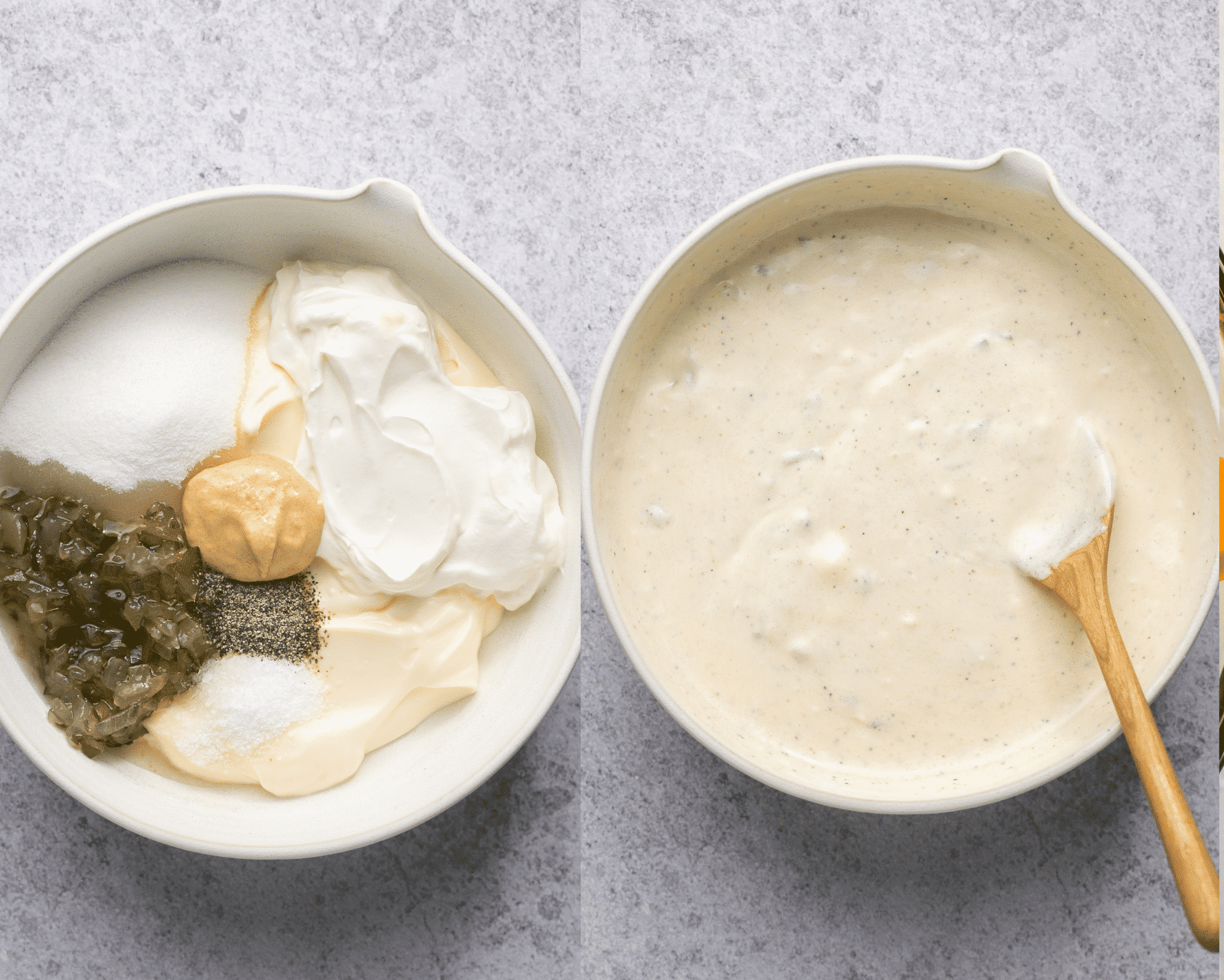 macaroni salad dressing in a white bowl.