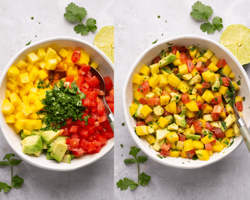 mango salsa in a white bowl.