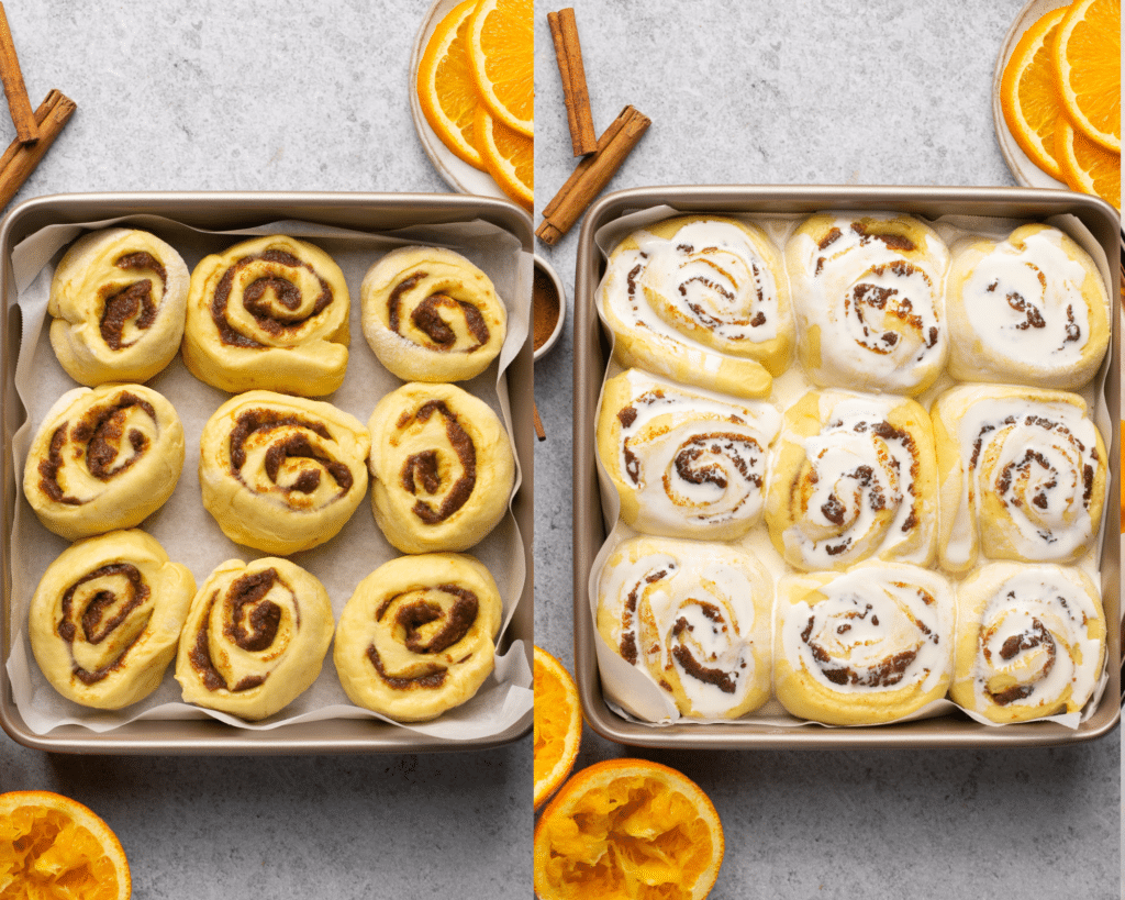 cinnamon rolls in a 9x9 pan covered in heavy cream.