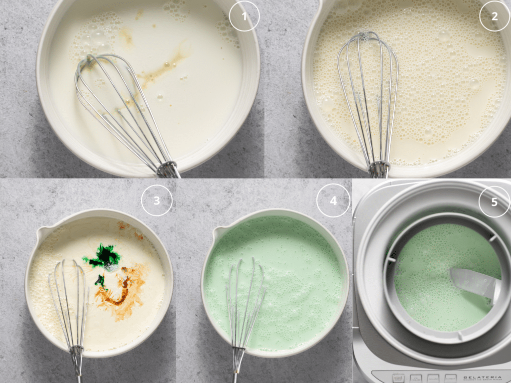 step by step photos of whisking together ingredients to make ice cream. 