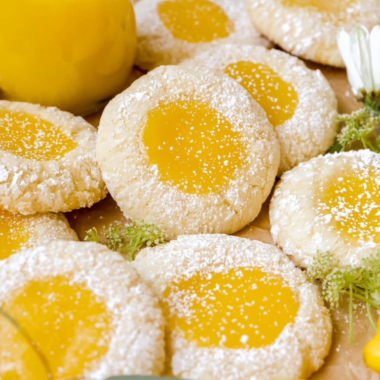 lemon curd cookies sprinkled with powdered sugar.