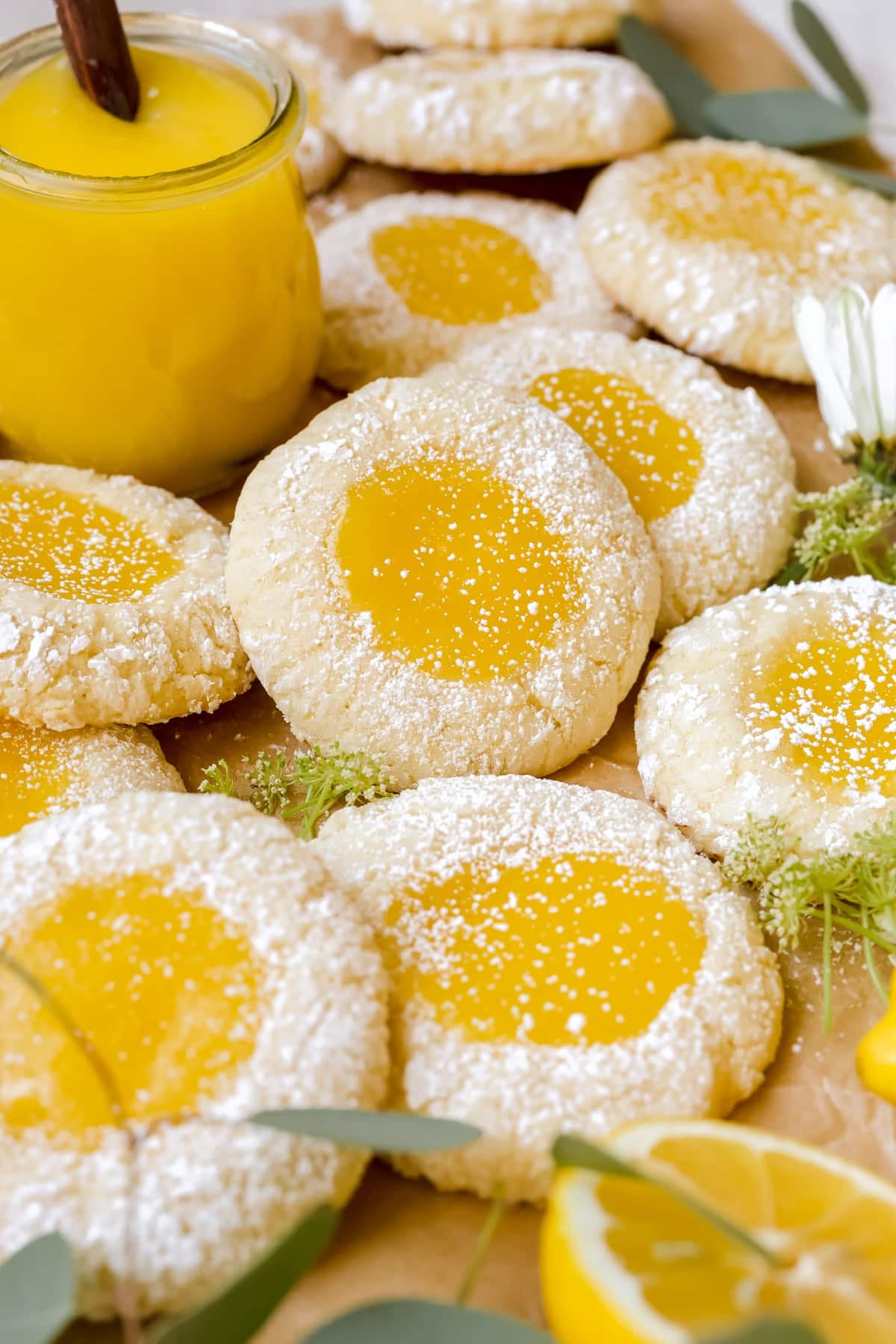 lemon curd cookies sprinkled with powdered sugar.