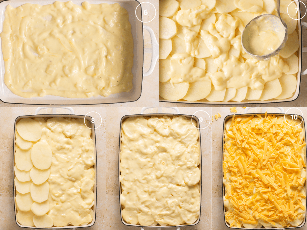 step by step photos of layering potatoes and cheese in a casserole dish. 