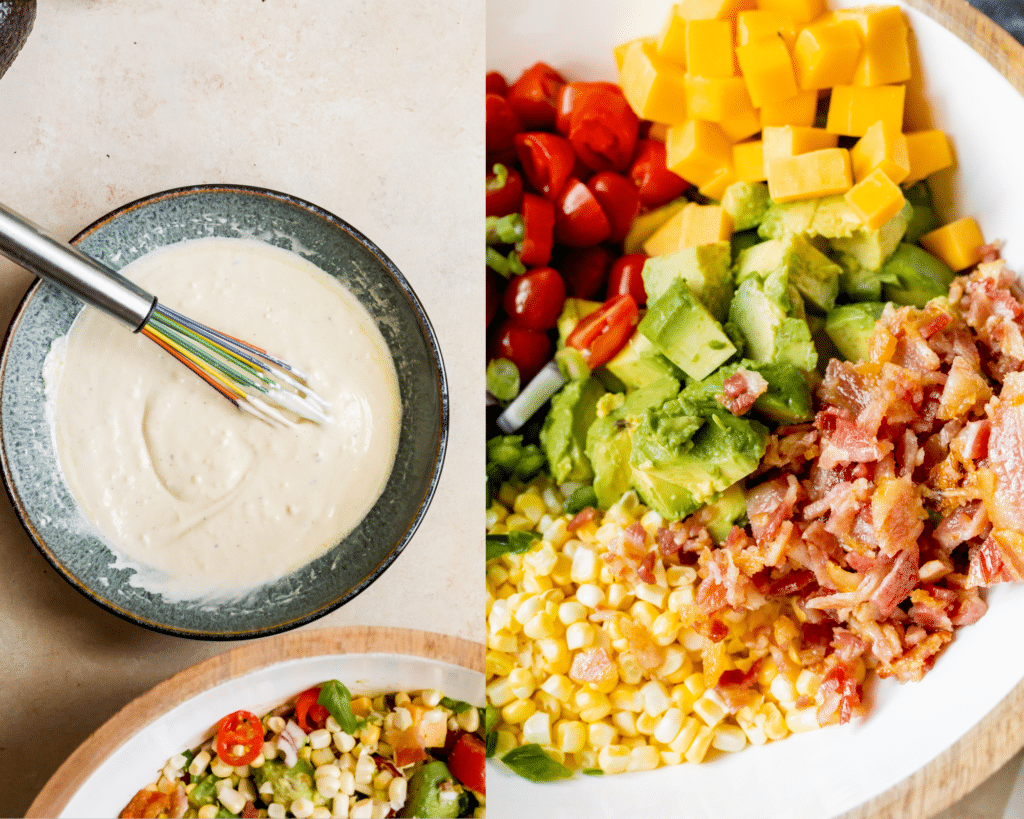 dressing in a blue bowl and salad in a white bowl.