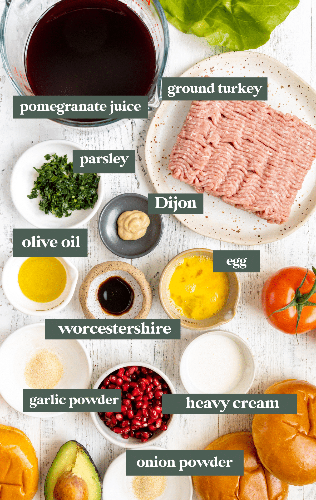 ingredients needed to make burgers in small glass dishes and plates.
