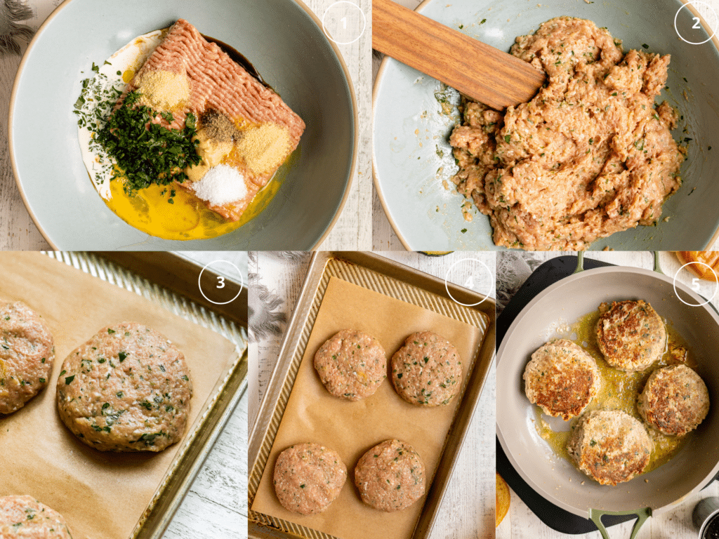 step by step photos of mixing together mixture to make ground turkey burgers. 
