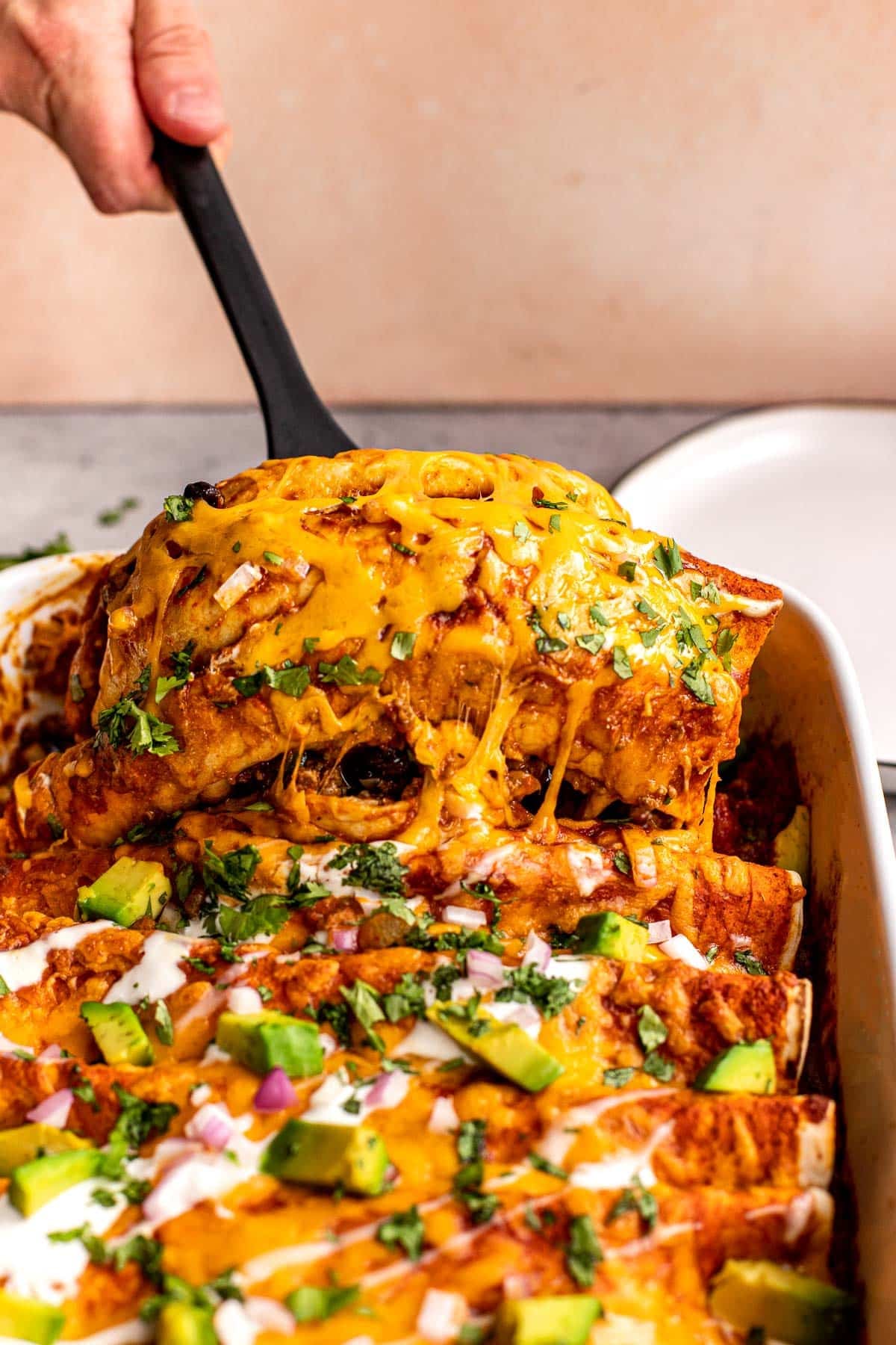 a spatula lifting up enchiladas from a casserole dish. 