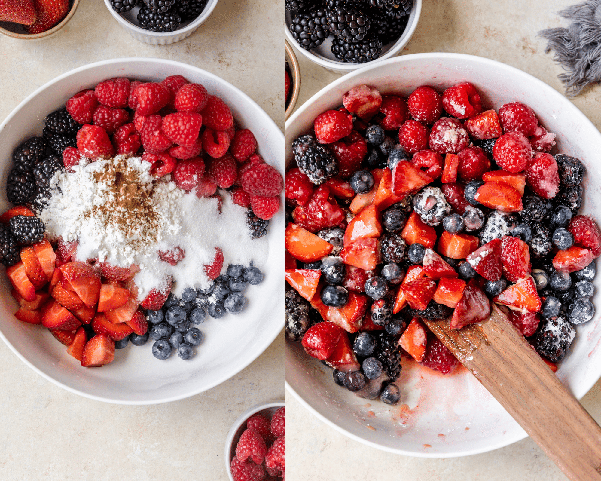 mixed berries in a white bowl with sugar, baking powder and cinnamon. 