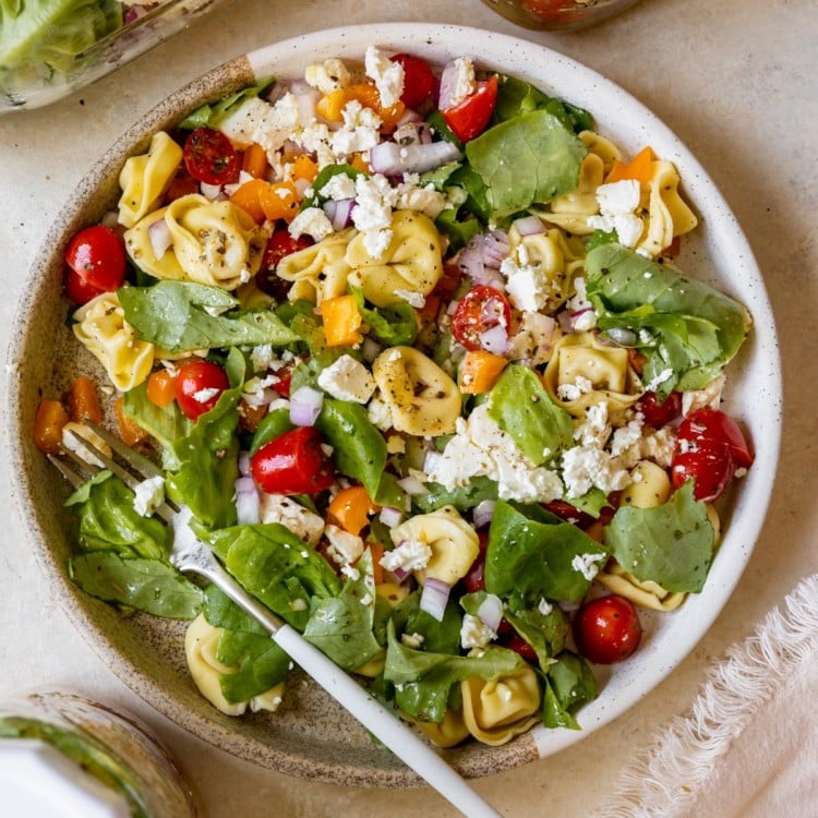 large salad in a bowl with spinach, tomato, tortellini and other toppings