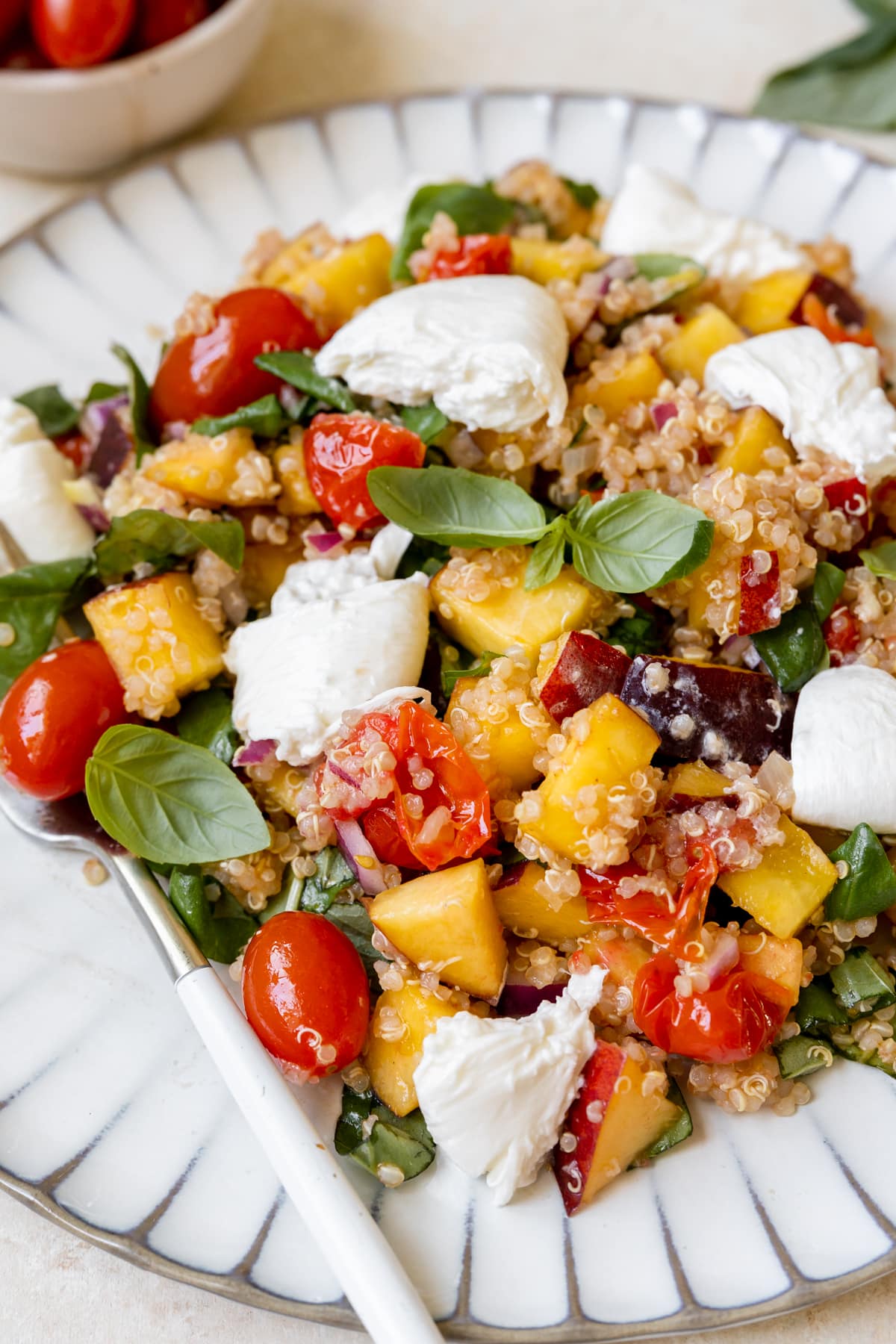 peach salad on a plate with burrata cheese and basil. 
