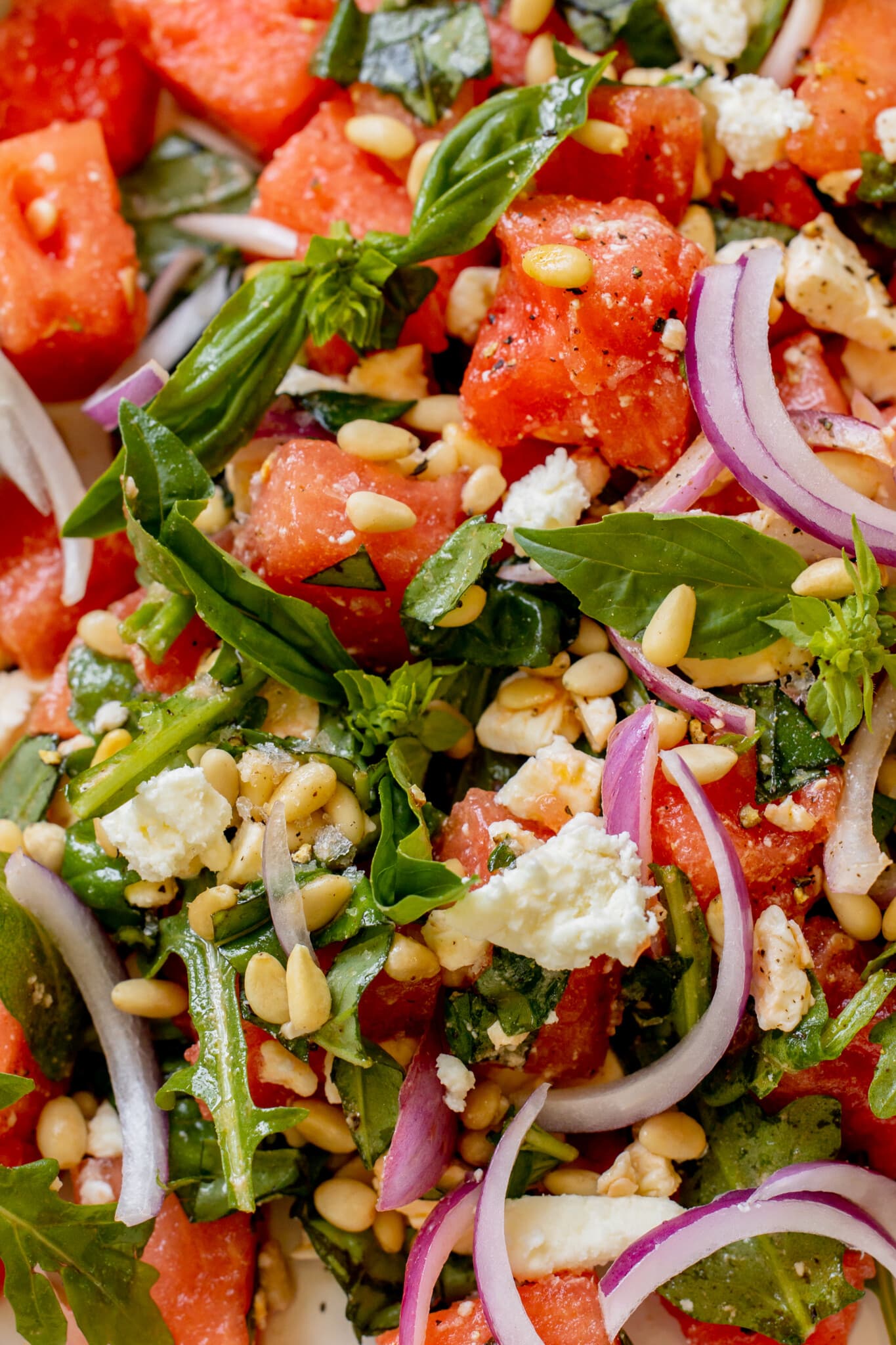 an up close image of watermelon, basil, and red onion.