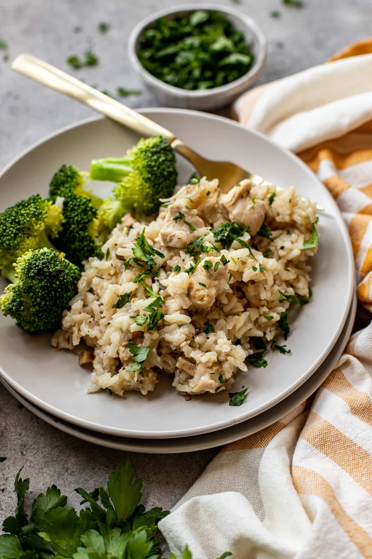 Chicken rice and broccoli on a grey plate garnished with parsley. 