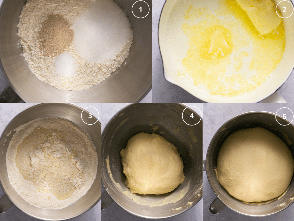 Step by step photos of dough being made for cinnamon rolls. 