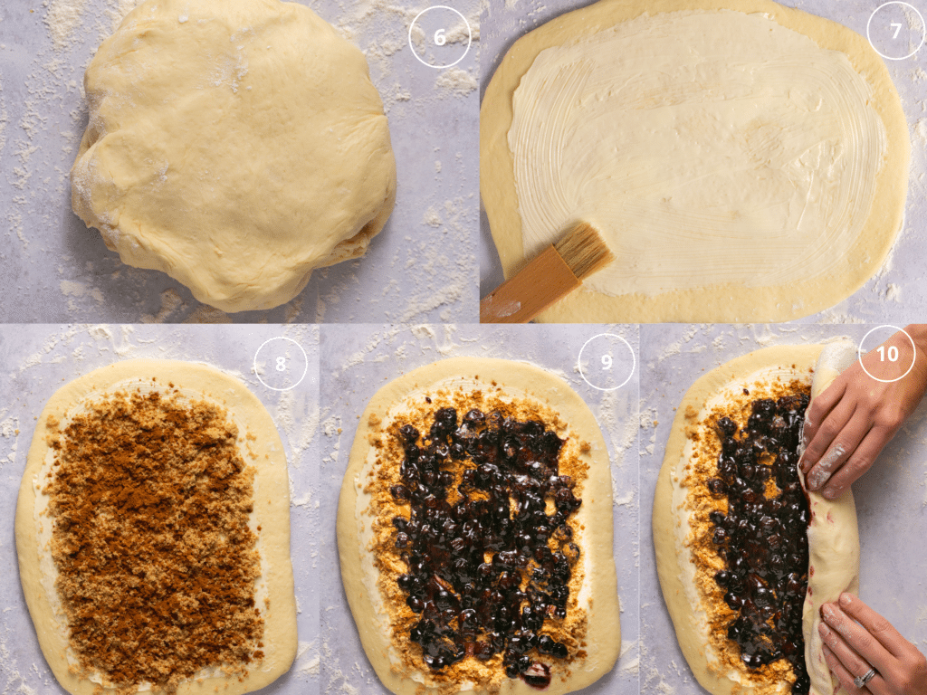 Rolling cinnamon roll dough. 