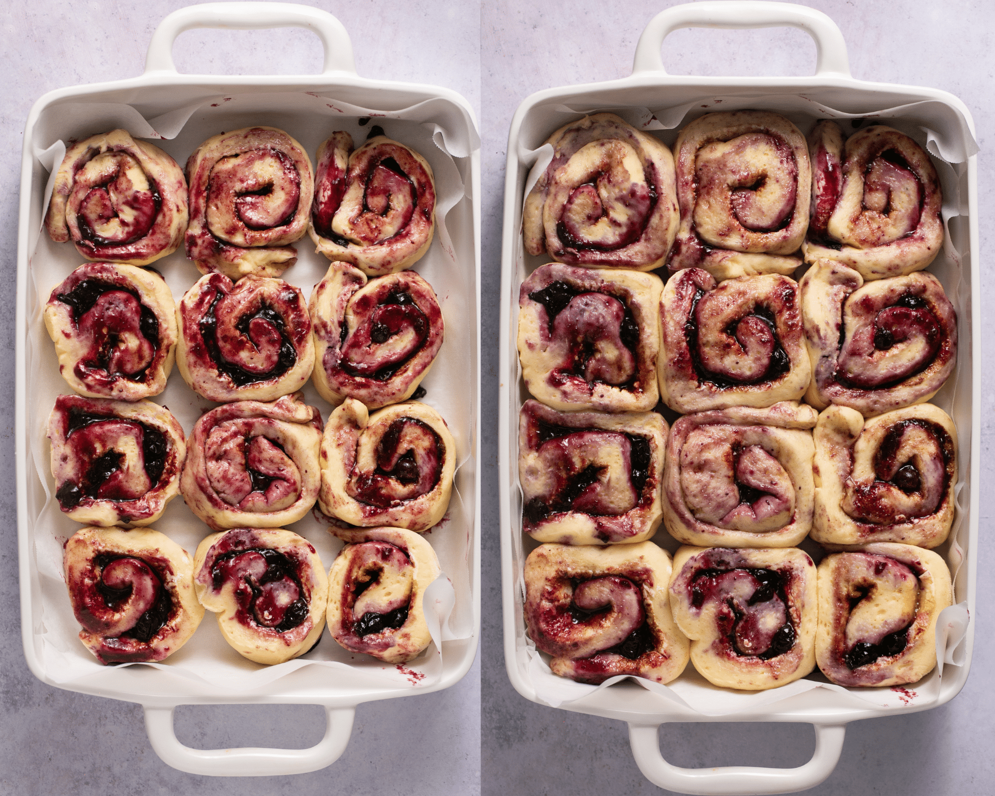 Cinnamon rolls in a white 9x13 dish. 