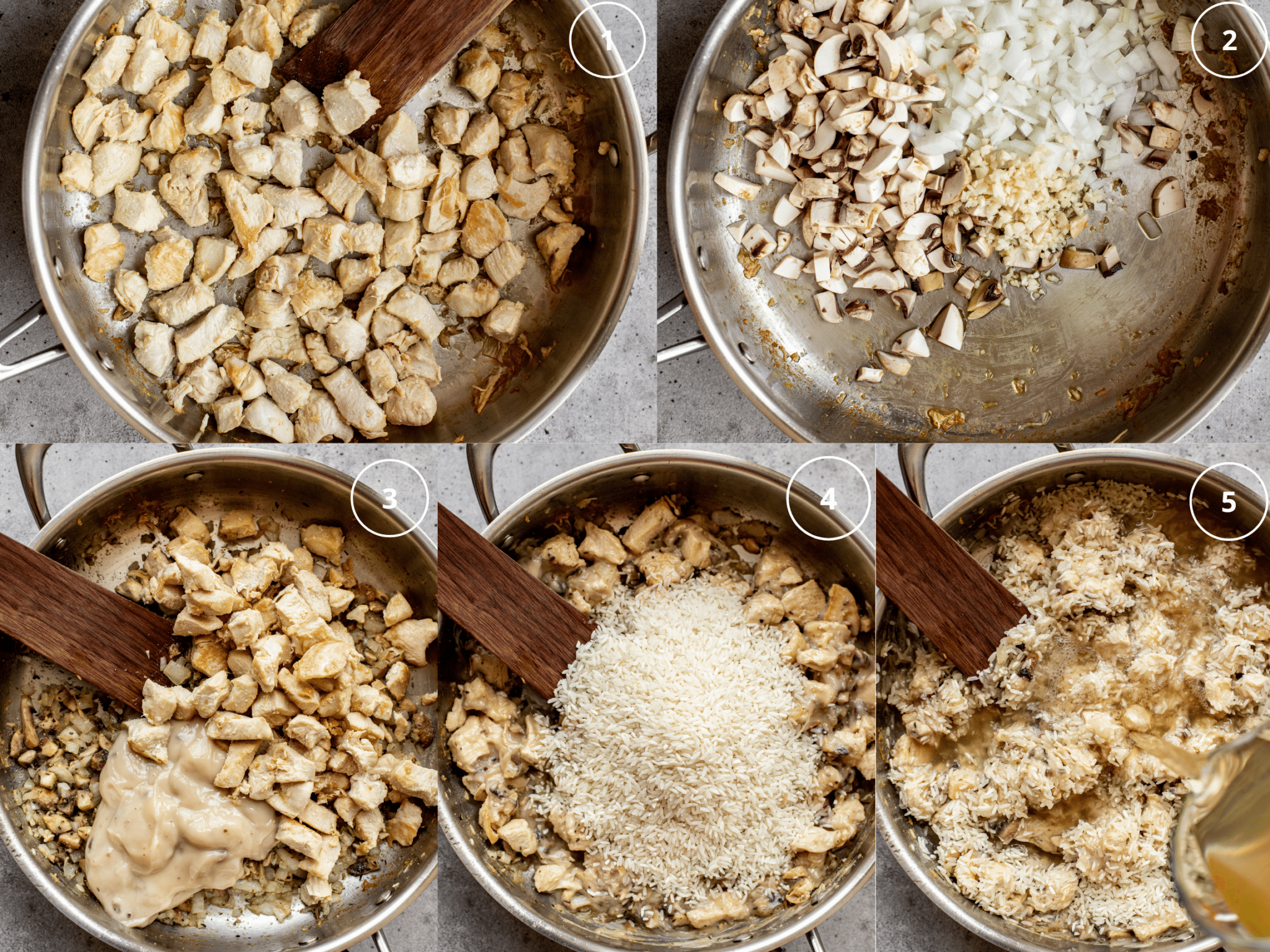 Step by step photos making a chicken and rice one pot casserole meal. 