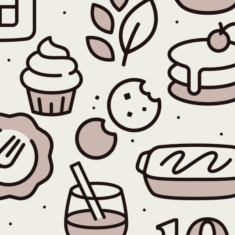 drawings of cupcake, cookies, leaves, drink, pancakes, and casserole dish