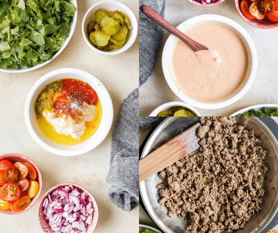 special sauce dressing in a white bowl and ground beef in a saute pan. 
